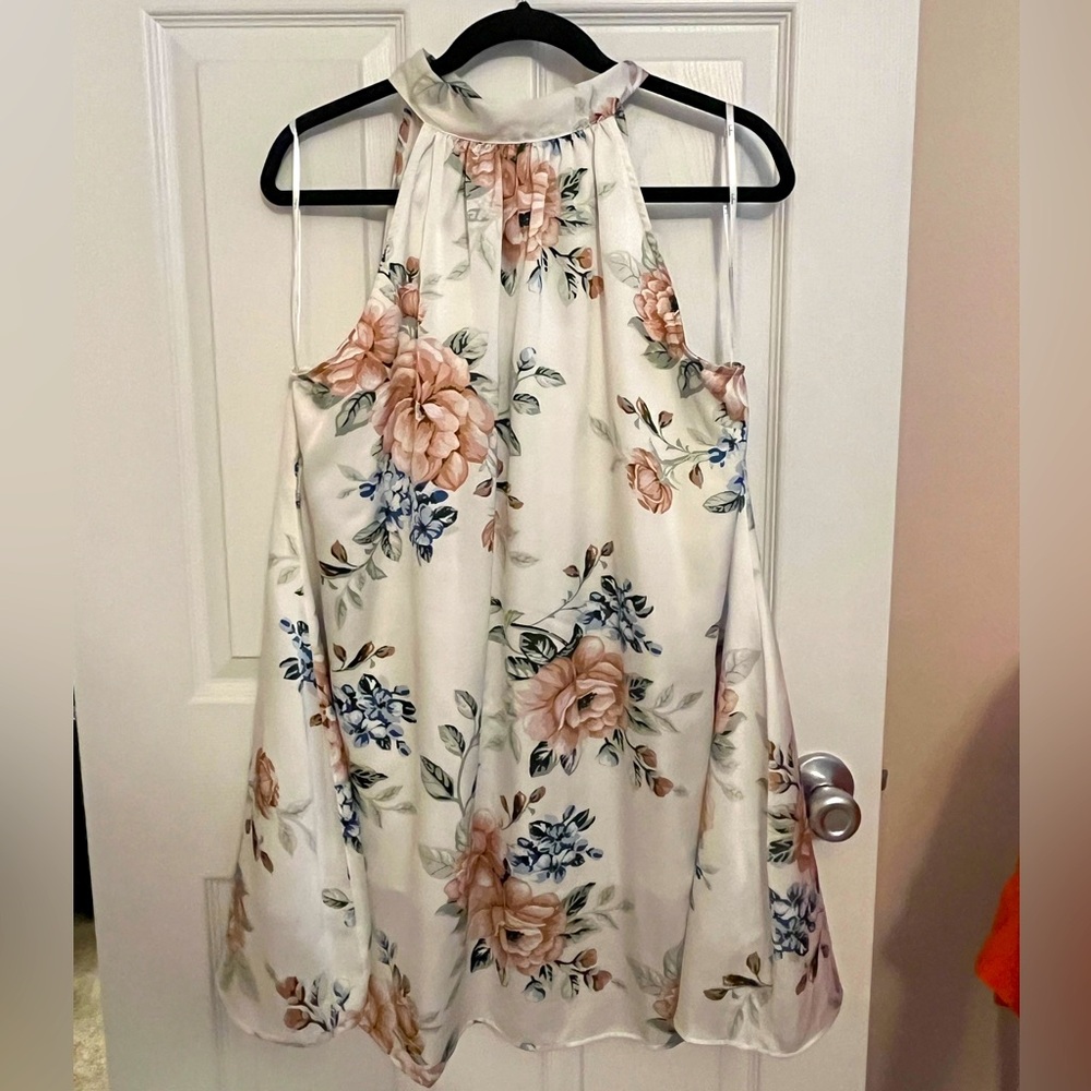 Lulus Get a Bloom White Floral Print Satin Halter Mini Dress Size L